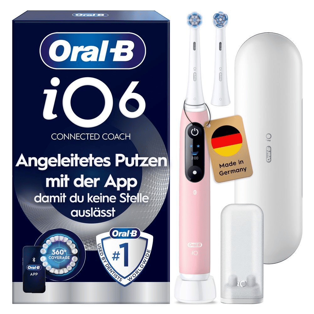 Oral-B iO 6 elektrische Zahnbürste mit Verpackung, Reiseetui und dem Hinweis auf angeleitetes Putzen mit der App. Mit Made in Germany Anhänger.