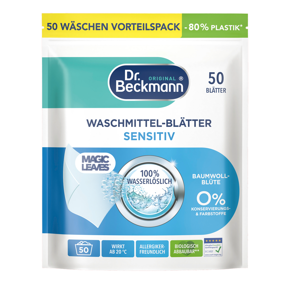 Bild: Dr. Beckmann Magic Leaves Waschmittel Blätter Sensitiv Baumwollblüte 