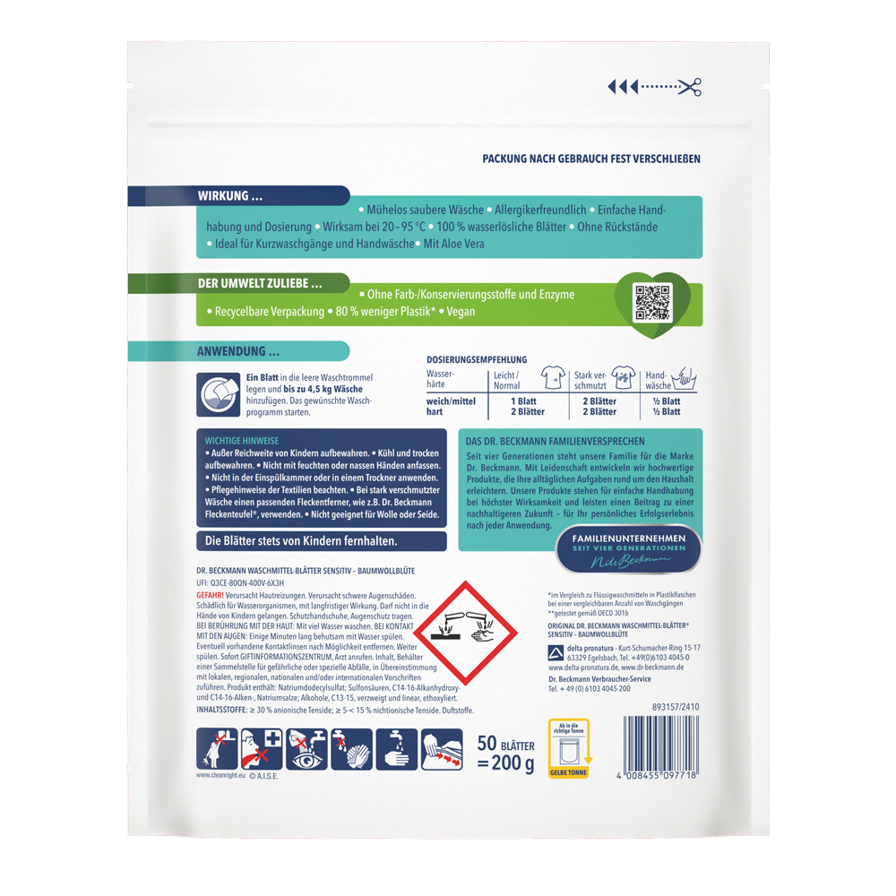 Bild: Dr. Beckmann Magic Leaves Waschmittel Blätter Sensitiv Baumwollblüte 