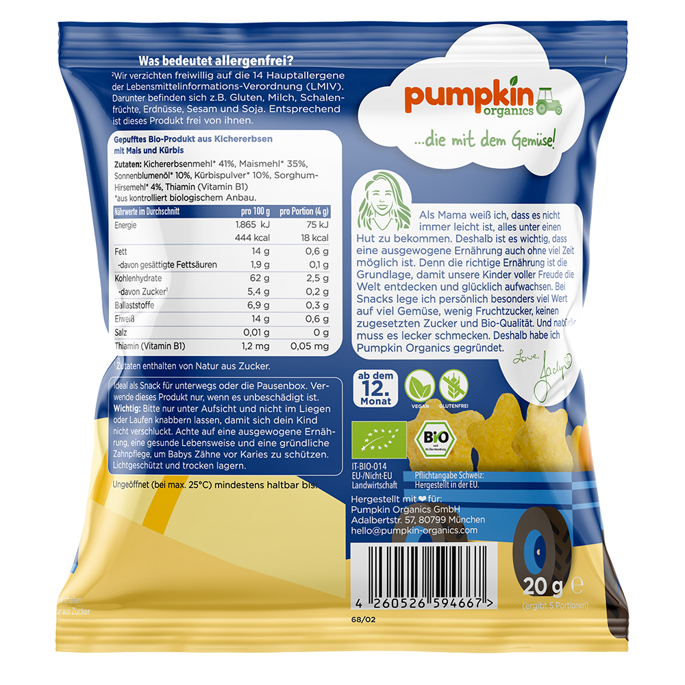 Bild: pumpkin organics Bio Kichererbsen Sterne mit Mais und Kürbis 