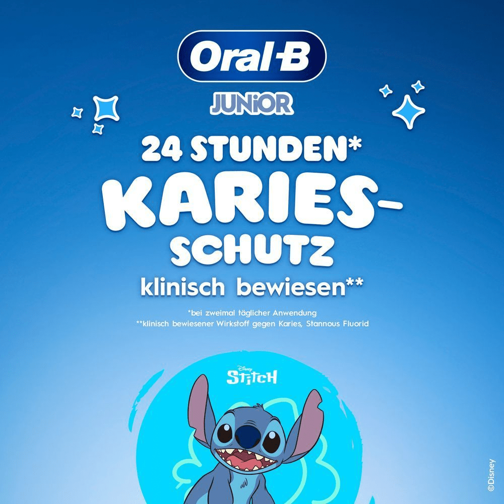 Blauer Hintergrund mit Stitch und Text: 24 Stunden Karies-Schutz bei zweimal täglicher Anwendung.