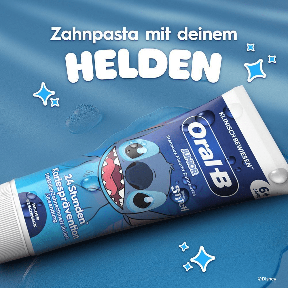 Oral-B Zahnpasta mit Stitch und der Text: Zahnpasta mit Helden