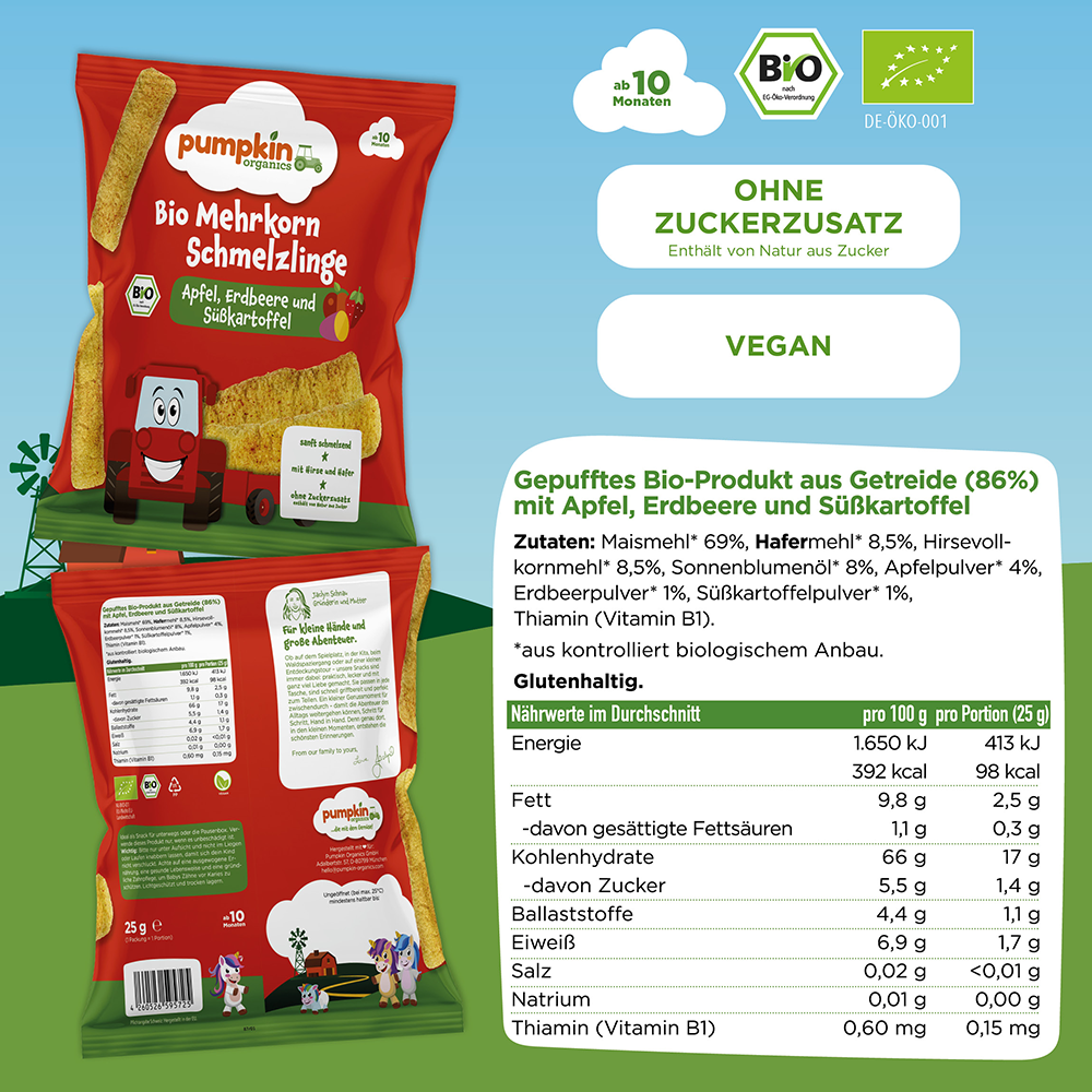 Bild: pumpkin organics Bio Mehrkorn Schmelzlinge Apfel, Erdbeere und Süßkartoffel 