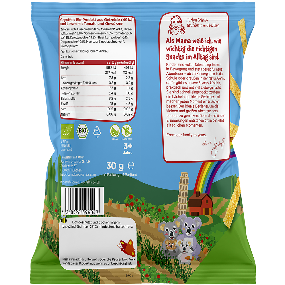 Bild: pumpkin organics Bio Linsen Stangen Pizza Style Vegan 