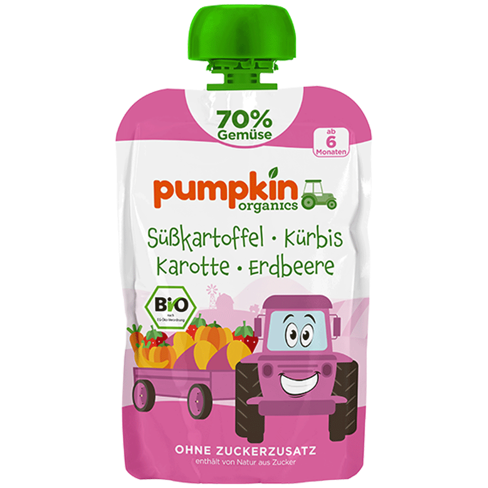 Bild: pumpkin organics Quetschie Süßkartoffel, Kürbis, Karotte und Erdbeere 