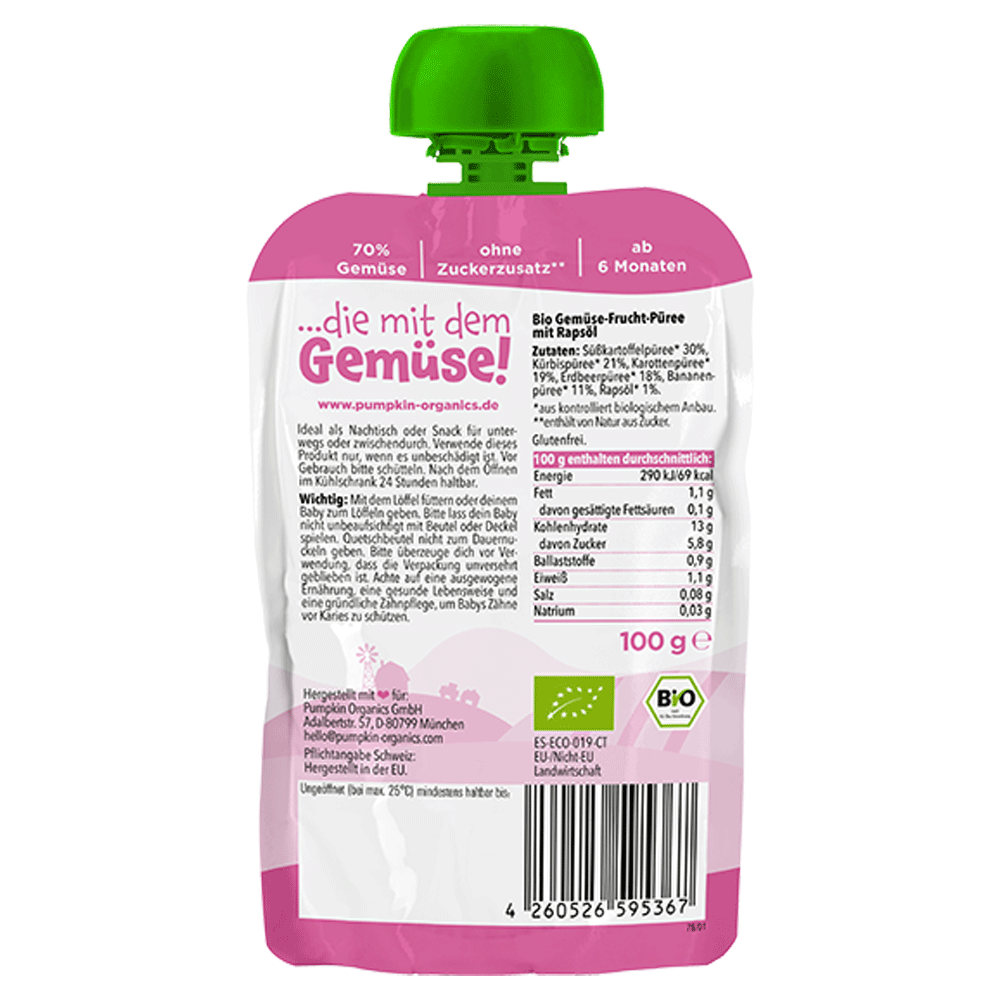 Bild: pumpkin organics Quetschie Süßkartoffel, Kürbis, Karotte und Erdbeere 