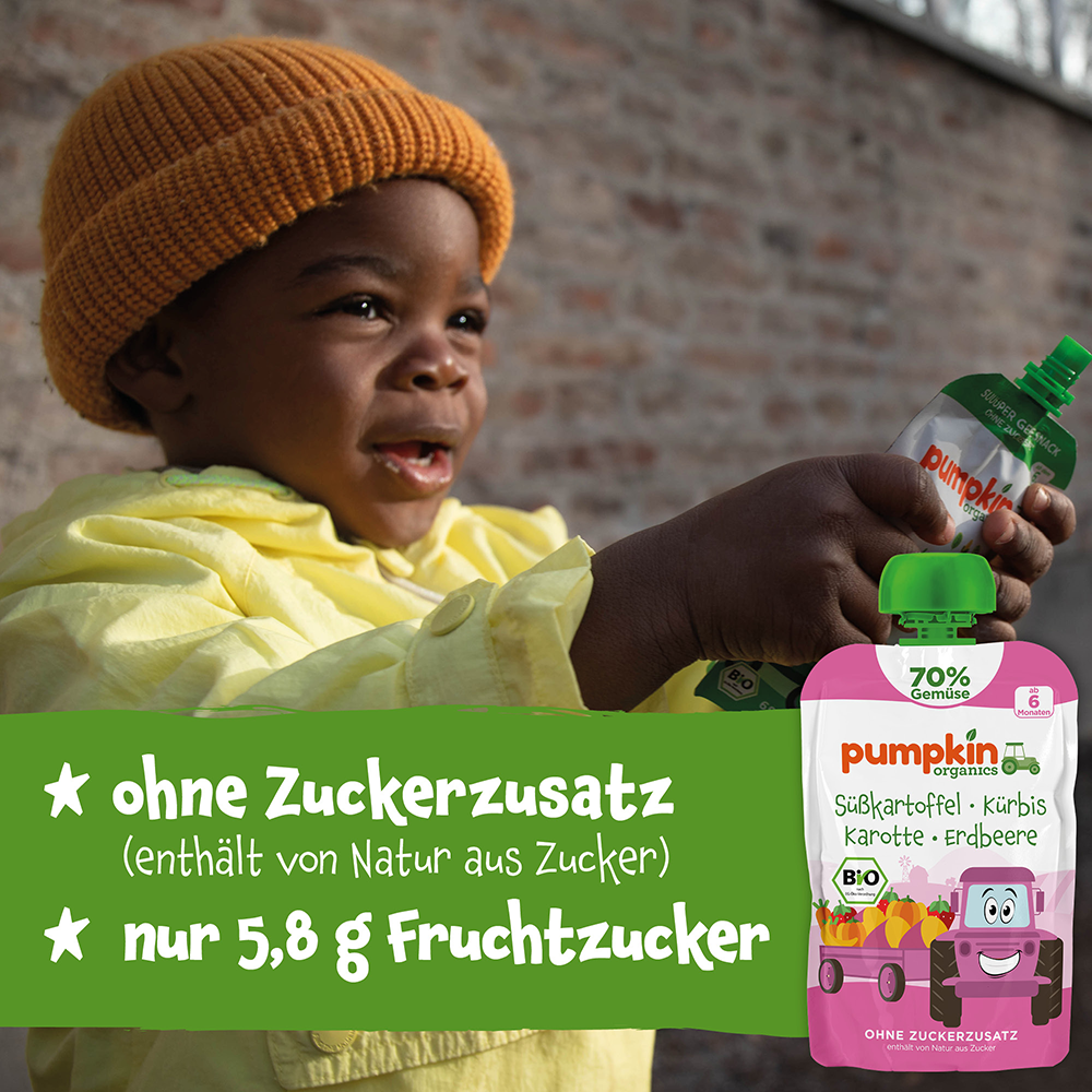 Bild: pumpkin organics Quetschie Süßkartoffel, Kürbis, Karotte und Erdbeere 