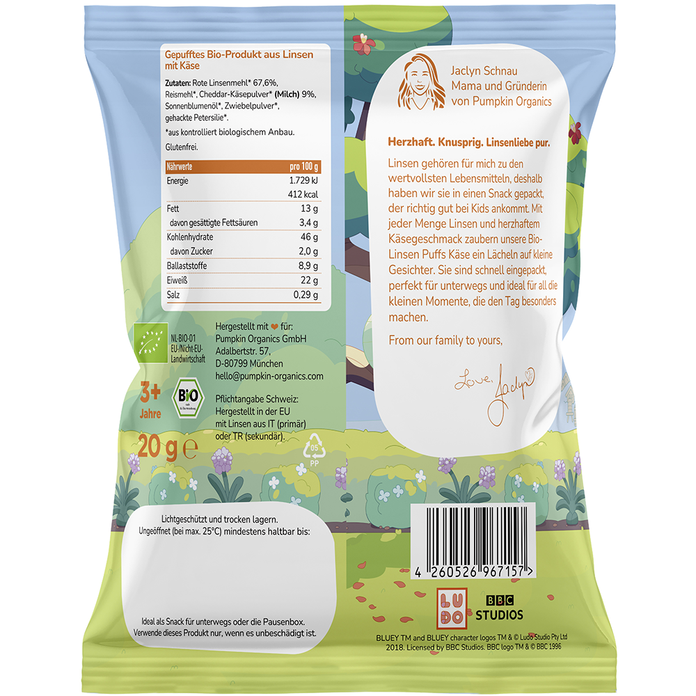Bild: pumpkin organics Bluey Bio Linsen Puffs Käse 
