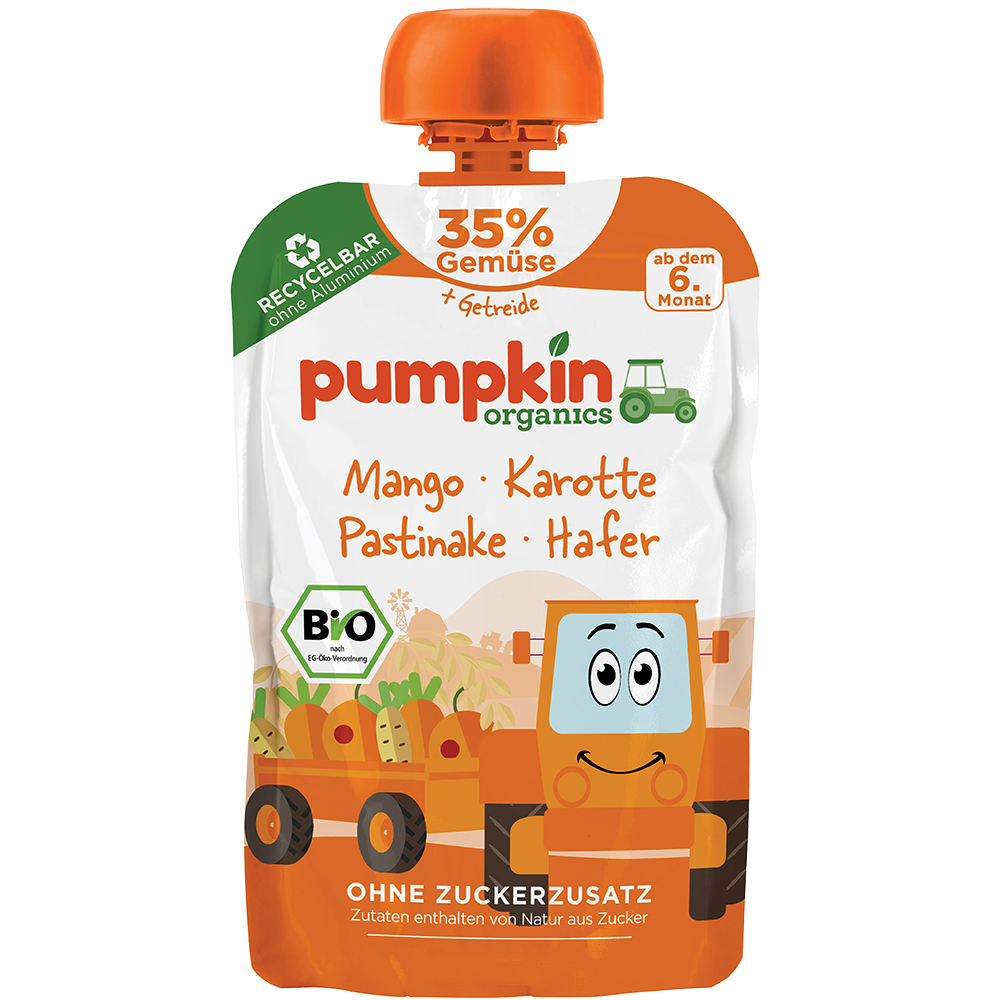 Bild: pumpkin organics Quetschie Mango, Karotte, Pastinake und Hafer 