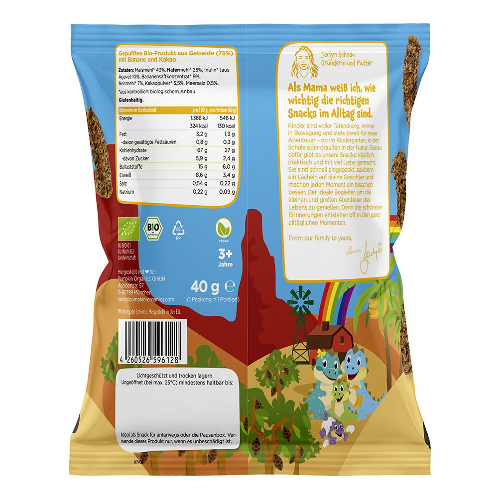 Bild: pumpkin organics Bio Mehrkorn Churros Banane und Kakao 