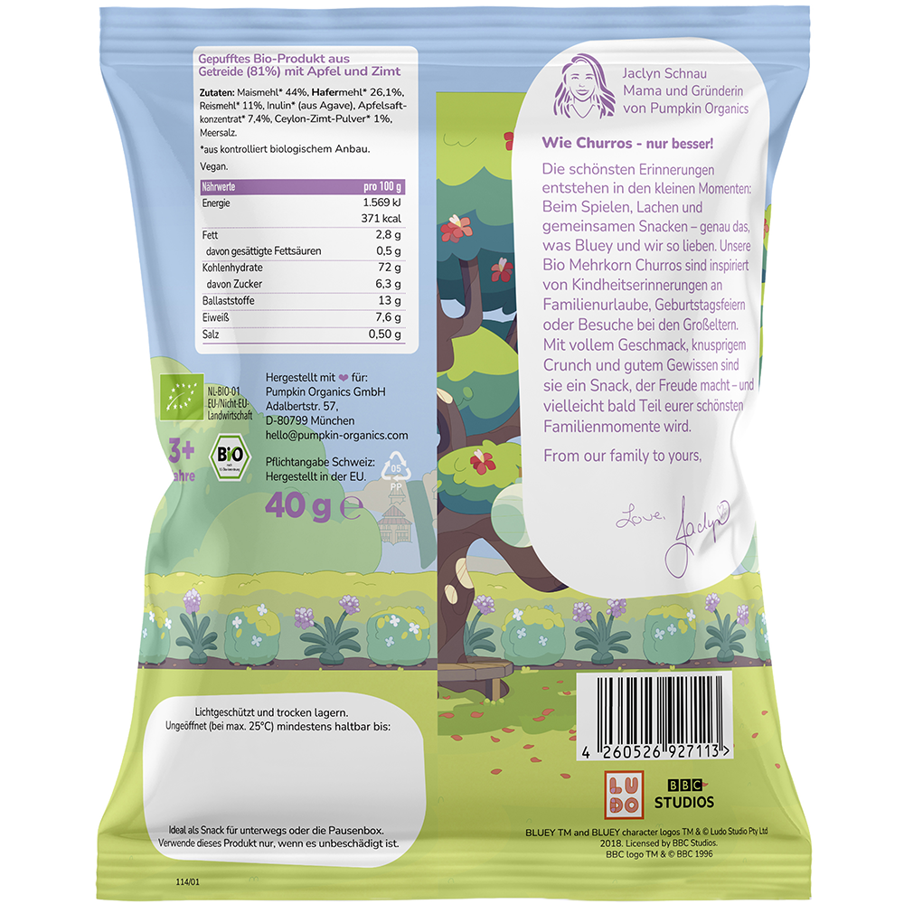 Bild: pumpkin organics Bluey Bio Mehrkorn Churros Apfel und Zimt 
