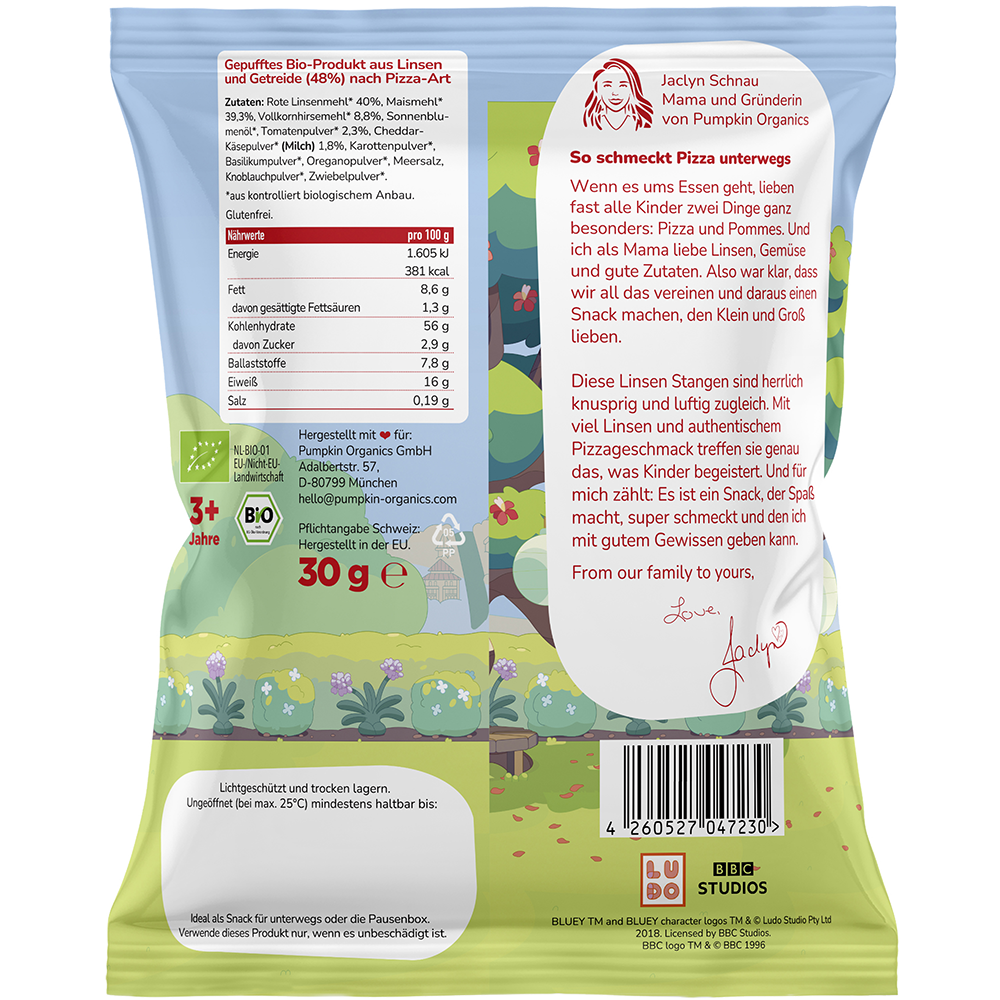 Bild: pumpkin organics Bluey Bio Linsen Stangen Pizza Style 