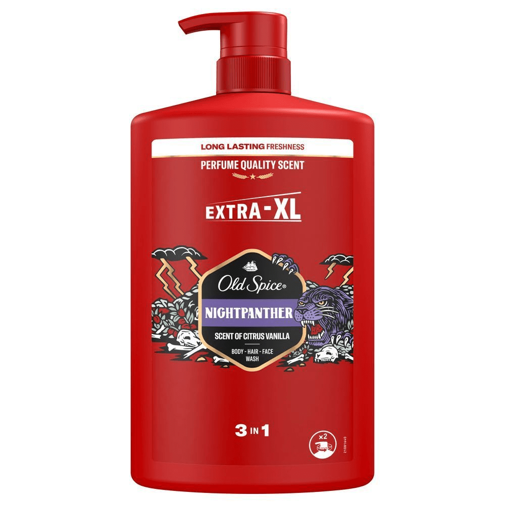 Old Spice Nightpanther 3-in-1 Duschgel, extra groÃe Flasche, mit dem Hinweis Long Lasting Freshness und Perfume Quality Scent. [EN] Old Spice Nightpanther EXTRA-XL 3-in-1 body, hair, face wash, promoting long-lasting freshness and perfume quality scent. [PT] Old Spice Gel de Banho 3 em 1 Nightpanther, tamanho Extra-XL, com aroma de citrinos e baunilha para corpo, cabelo e rosto.
