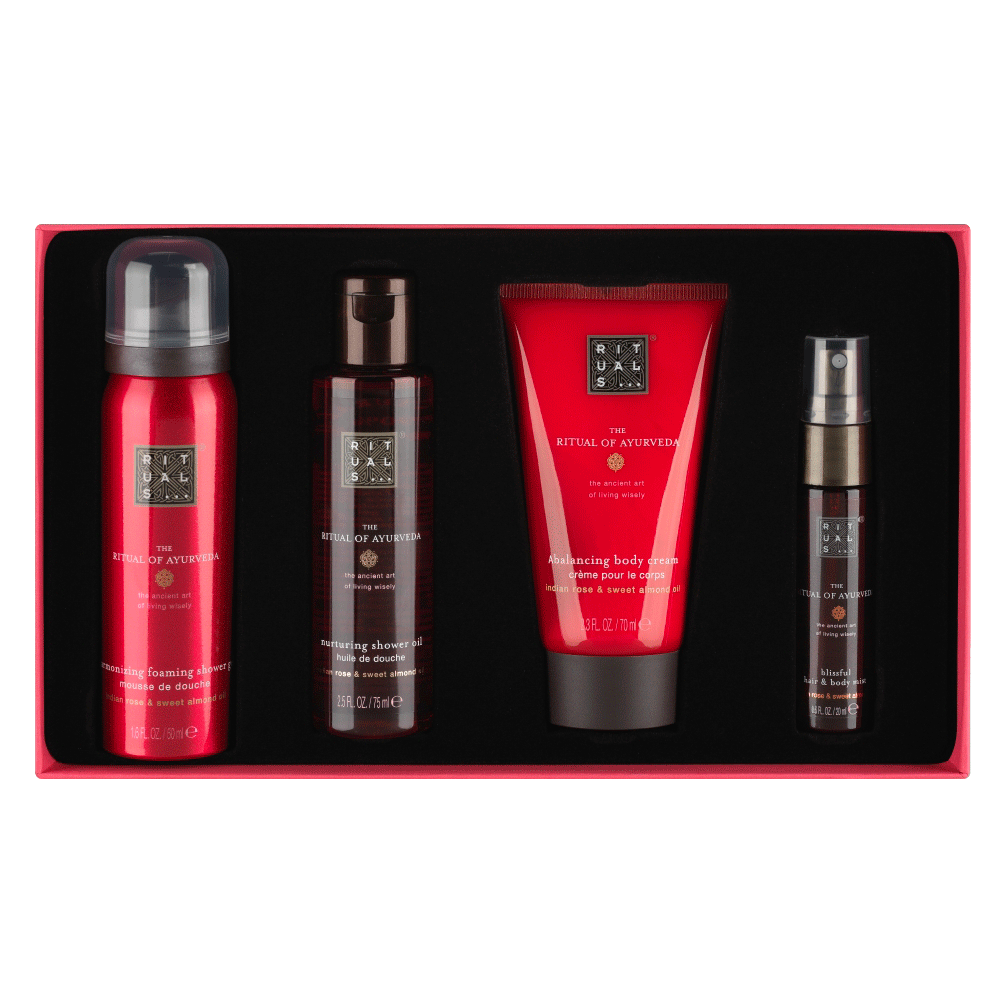Bild: Rituals The Ritual of Ayurveda Geschenkset Duschschaum 50 ml + Bodylotion 70 ml + Duschöl 75 ml + Haar & Body Mist 20 ml 