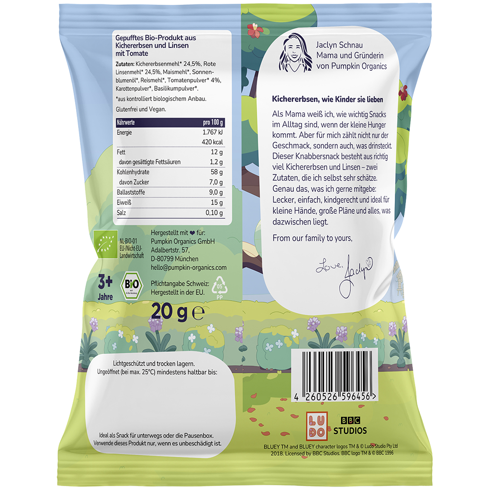 Bild: pumpkin organics Bluey Bio Kichererbsen Puffs Tomate 
