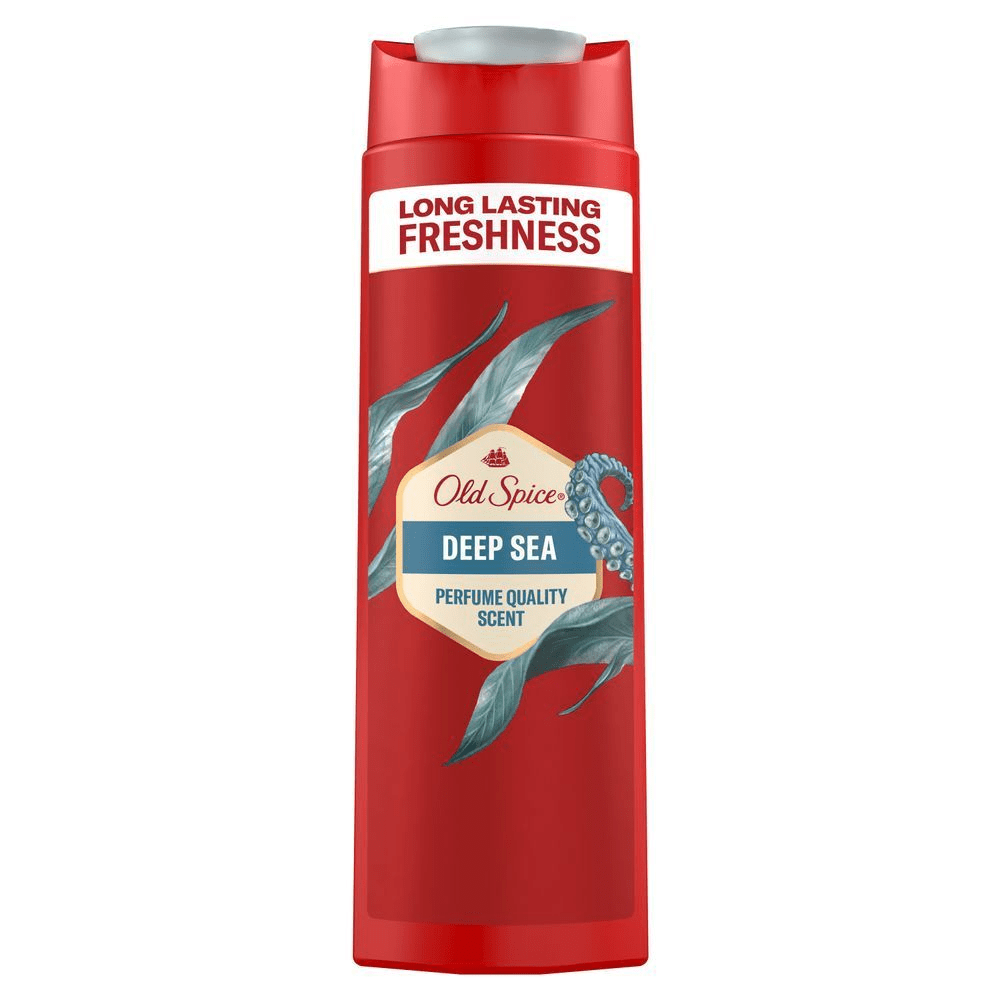Old Spice Deep Sea Duschgel, rote Verpackung mit dem Hinweis Long Lasting Freshness (Lang anhaltende Frische). [EN] Old Spice Deep Sea body wash bottle, featuring prominent claims for Long Lasting Freshness and Perfume Quality Scent. [ES] Old Spice Deep Sea, con la etiqueta Long Lasting Freshness y la frase Perfume Quality Scent en el empaque. [PT] Old Spice Gel de Banho 3 em 1 Deep Sea, frasco vermelho, com destaque para a promessa de Long Lasting Freshness (Frescura Duradoura).