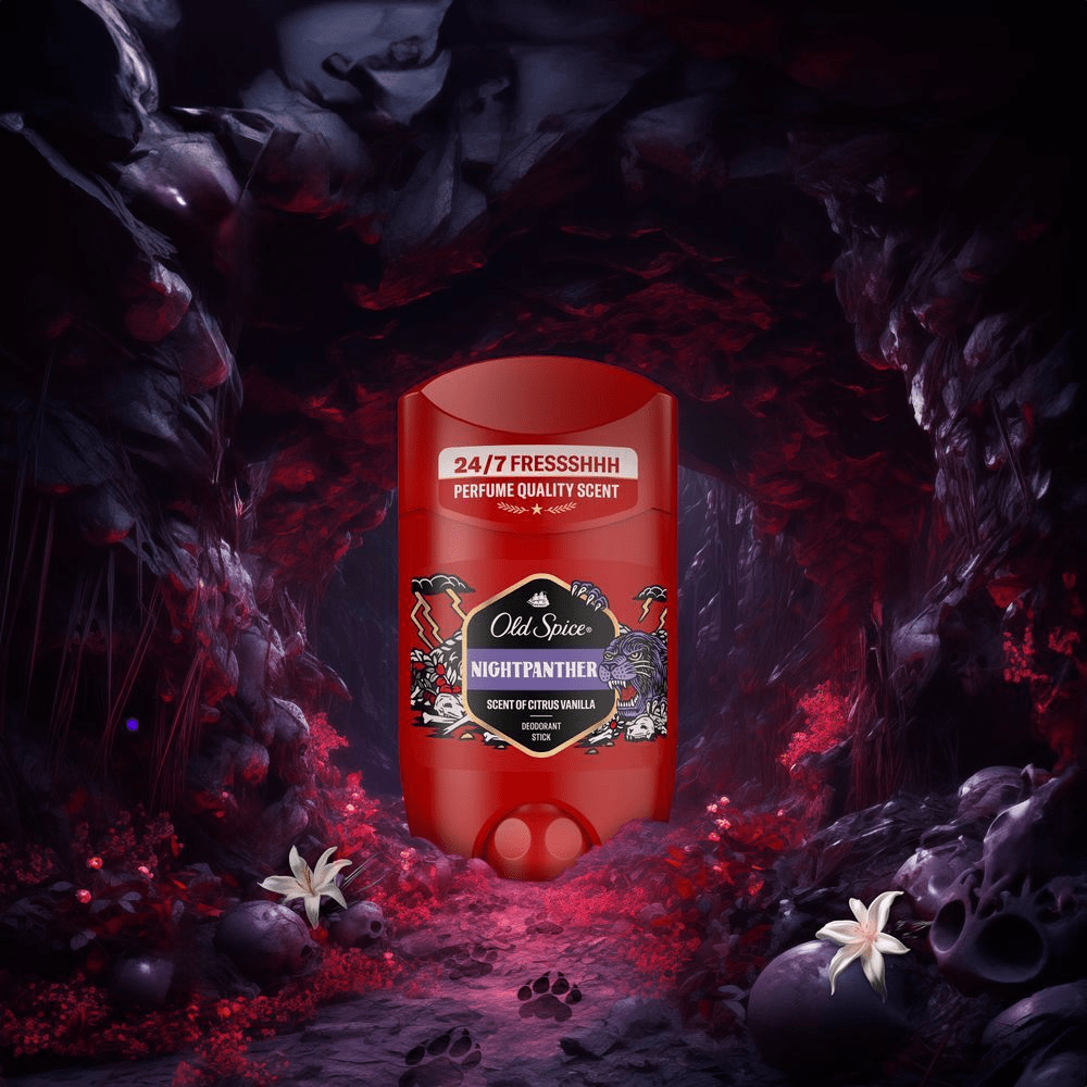 Old Spice Nightpanther Deodorant Stick in einer mystischen HÃ¶hle, betont den Duft von Zitrus und Vanille. [EN] Old Spice Nightpanther Deodorant Stick, highlighting its 24-7 freshness and perfume quality scent. [ES] Fragancia de calidad de perfume Old Spice Nightpanther, con protecciÃ³n 24-7, mostrada en un entorno misterioso y oscuro.