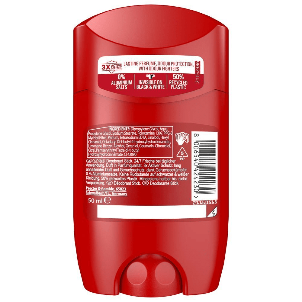 Old Spice Deodorant Stick, Verpackung mit dem Hinweis auf 0% Aluminiumsalze und unsichtbar auf schwarzer und weißer Kleidung.
