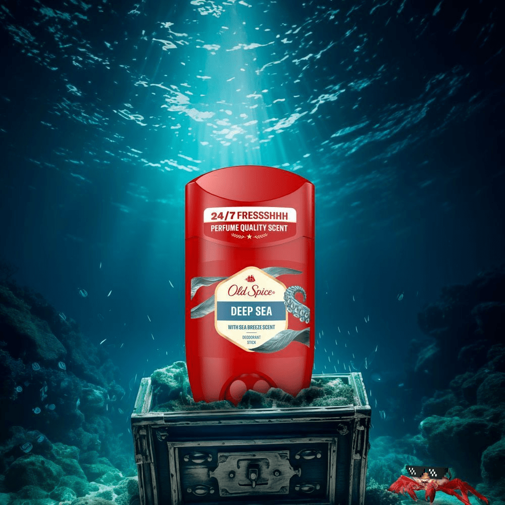 Old Spice Deep Sea Deodorant, prÃ¤sentiert in einer Unterwasser-Schatzkiste, fÃ¼r 24-7 Frische mit Meeresbrise-Duft. [EN] Old Spice Deep Sea Deodorant Stick in an underwater scene on a treasure chest, featuring 24-7 FRESSSHHH PERFUME QUALITY SCENT. [ES] Desodorante Old Spice Deep Sea, con aroma a brisa marina, presentado en un cofre del tesoro bajo el agua.