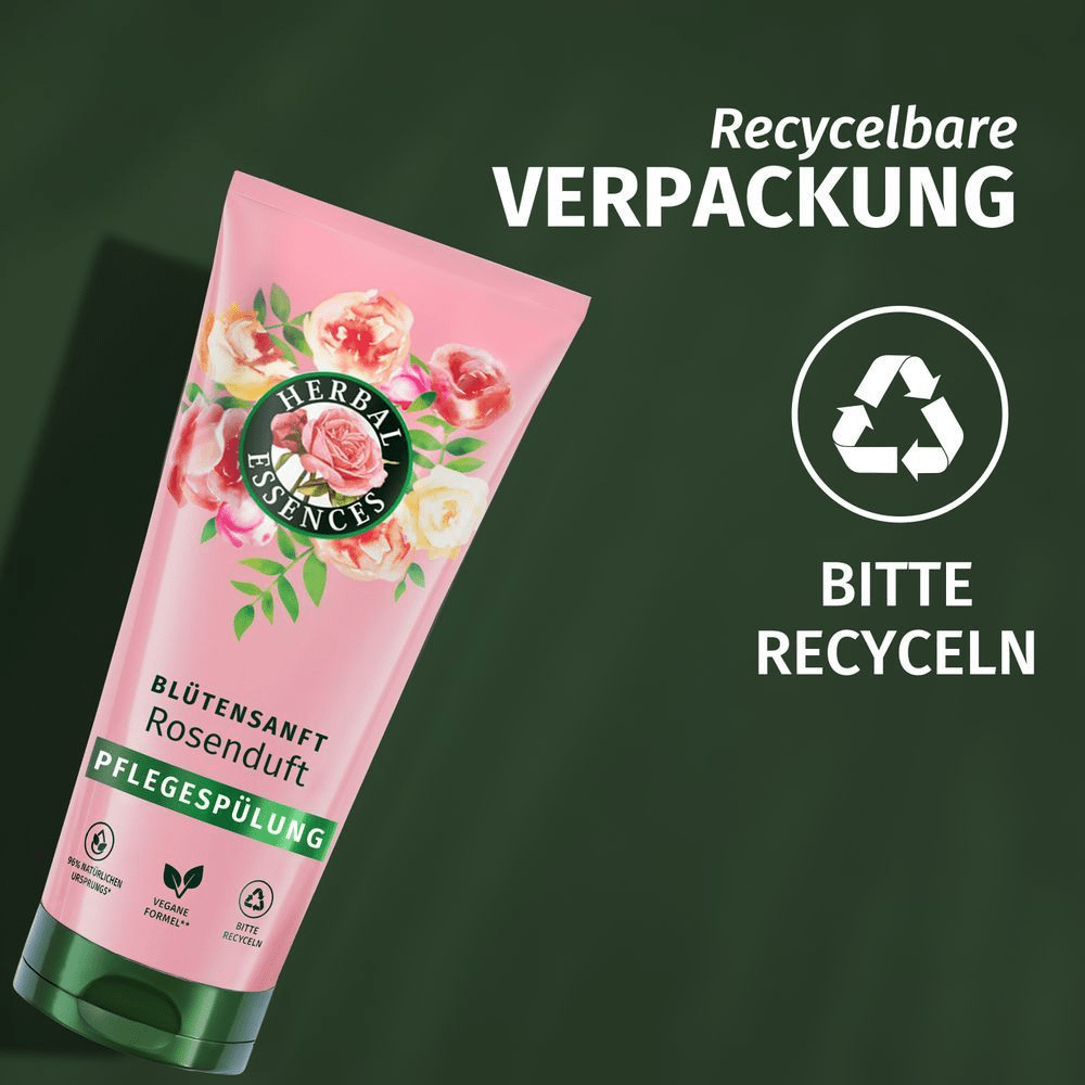Herbal Essences Spülung mit Rosenextrakt in recycelbarer Verpackung, die zum Recyceln auffordert.