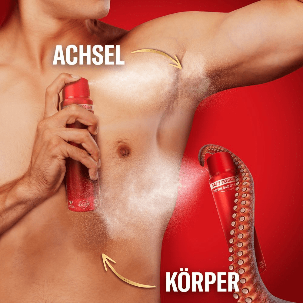 Old Spice Deodorant wird auf Achsel und Körper gesprüht, für 24/7 Frische in Parfümqualität.