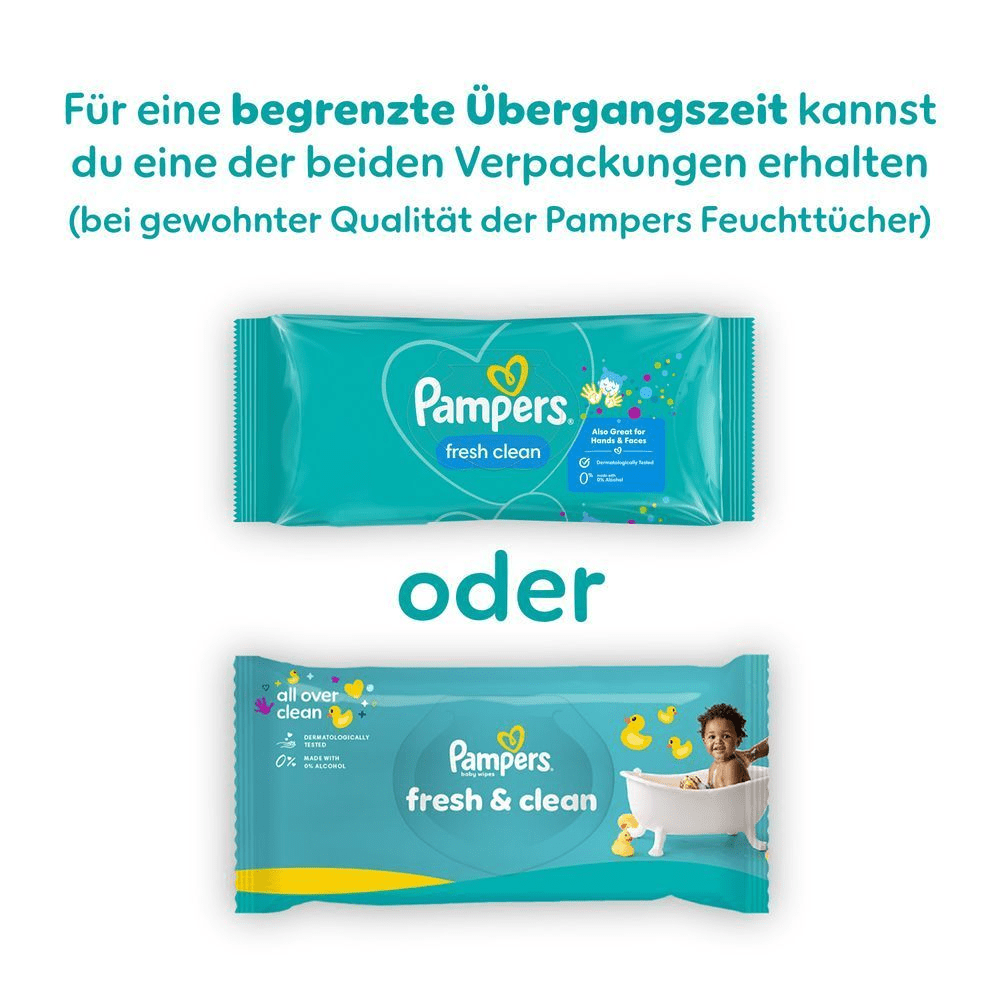 Abbildung einer alten Pampers Fresh Clean Feuchttücherverpackung und einer neuen Pampers Fresh & Clean Feuchttücherverpackung getrennt durch ein "oder". Der Text lautet: Für eine begrenzte Übergangszeit kannst Du eine der beiden Verpackungen erhalten (bei gewohnter Qualität der Pampers Feuchttücher).