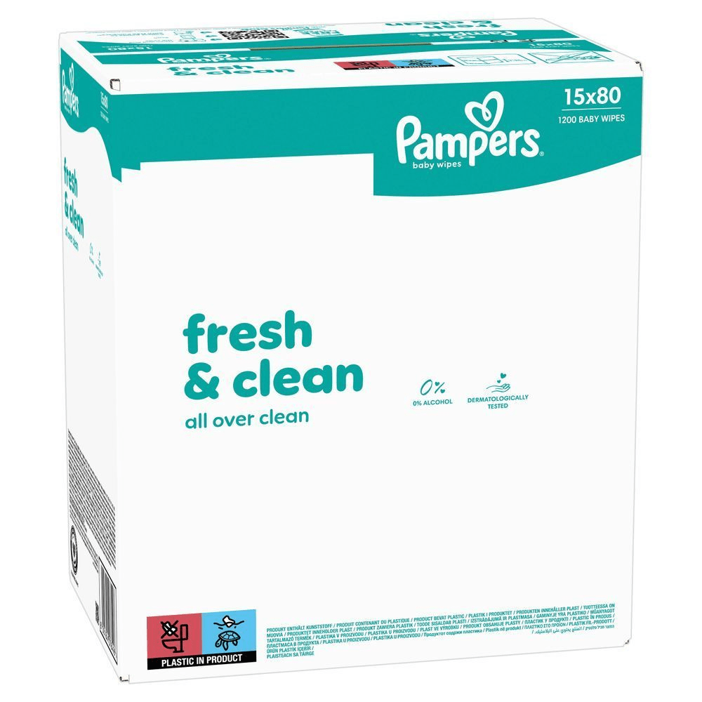 Pampers Baby Feuchttücher, 15x80 Packung mit 1200 Stück, Fresh & Clean, für eine Reinigung am ganzen Körper, 0% Alkohol, dermatologisch getestet. [EN] Pampers Fresh Clean baby wipes packaging with 15 packs of 80 count wipes, highlighting all over clean, 0% alcohol and dermatologically tested. [RO] Pampers baby wipes, cutie cu 1200 bucăți, etichetată ca fiind fresh & clean și 0% alcool. [HR] Pampers baby wipes pakiranje, naglašavajući da su maramice fresh & clean i dermatološki testirane, bez alkohola. [CS] Pampers dětské ubrousky Fresh & Clean v balení 15x80, 1200 kusů, s nápisem 0 % alkoholu, dermatologicky testováno. [HU] Pampers baba törlőkendők csomagolása, 15x80 darabos kiszerelés, kiemelve a fresh & clean és a 0% alkohol tartalmú tulajdonságokat. [SK] Pampers vlhčené obrúsky pre deti, 15 balení po 80 kusov, s nápisom fresh & clean a označením 0% alkoholu a dermatologicky testované. [SL] Pampers baby wipes, embalaža za 15x80 robčkov, poudarja, da so robčki brez alkohola in dermatološko testirani.