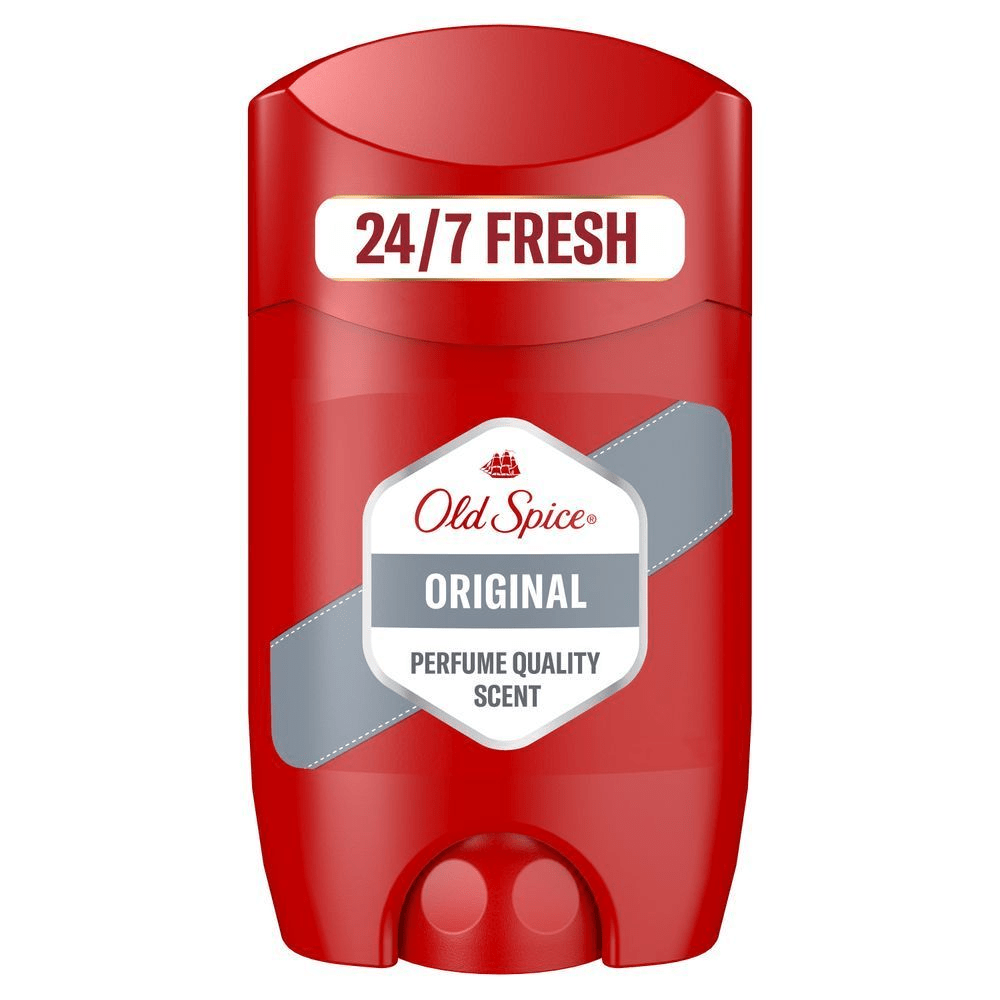 Old Spice Original Deodorant Stick, rote Verpackung mit dem Aufdruck 24-7 Fresh. [ES] Desodorante Old Spice Original en barra, destacando la promesa de 24-7 Fresh (frescura 24-7). [PT] Old Spice Desodorizante stick Original, com destaque para a promessa de frescor 24-7.
