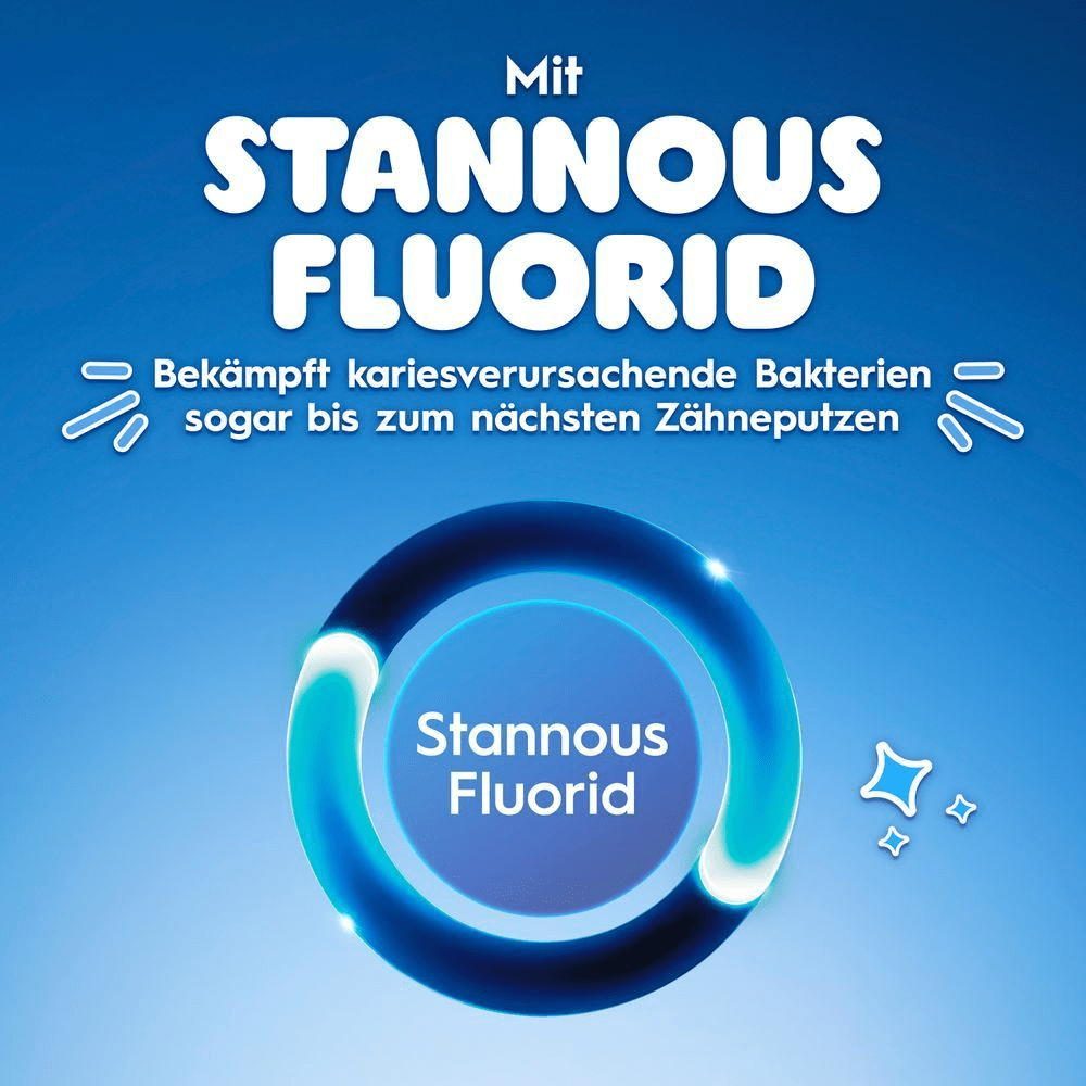 Oral-B Junior Zahnpasta mit Stannous Fluorid bekämpft Bakterien bis zur nächsten Anwendung.