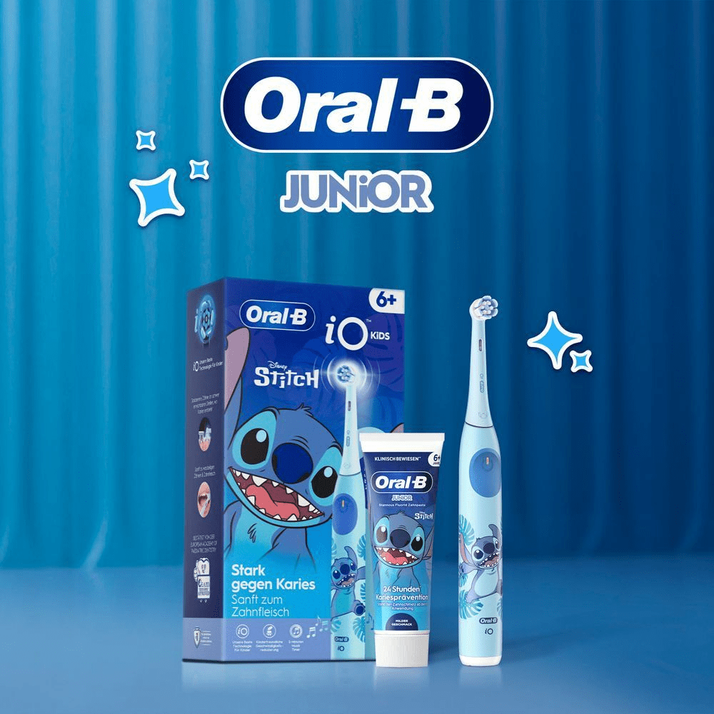 Oral-B Junior iO Zahnbürste und Zahnpasta mit Stitch Design
