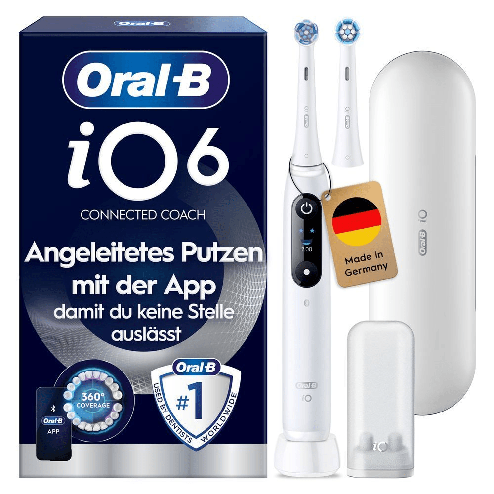 Oral-B iO6 Connected Coach ZahnbÃ¼rste mit Verpackung, die Angeleitetes Putzen mit der App hervorhebt. Mit Made in Germany AnhÃ¤nger.