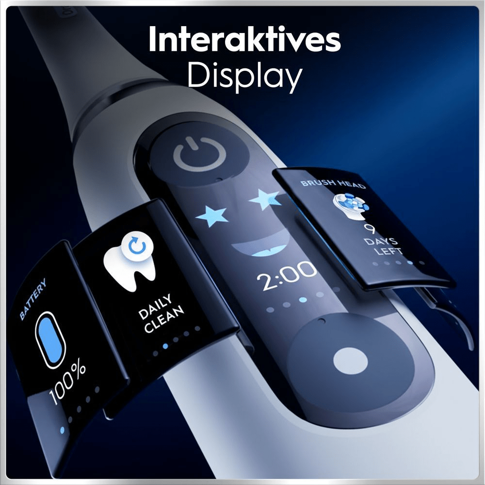 Elektrische ZahnbÃ¼rste mit interaktivem Display zeigt Putzzeit, Akku und BÃ¼rstenkopf-Status.