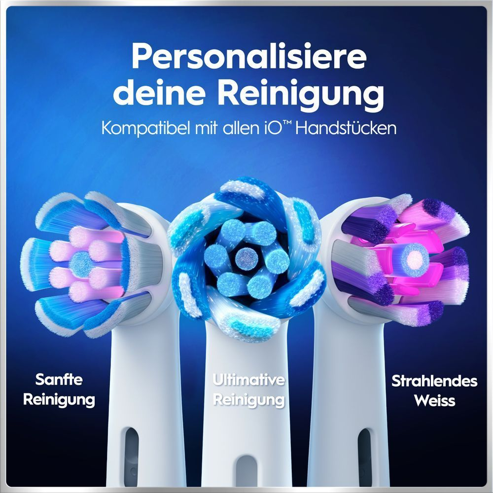 Drei iOâ¢ BÃ¼rstenkÃ¶pfe fÃ¼r verschiedene Reinigungsarten: sanft, ultimativ und fÃ¼r strahlendes WeiÃ