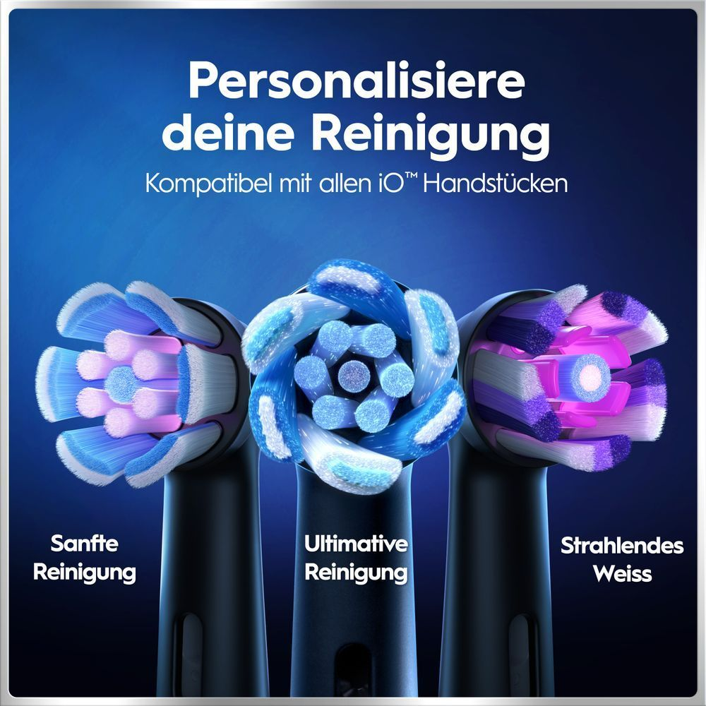 Drei iOâ¢ BÃ¼rstenkÃ¶pfe fÃ¼r verschiedene Reinigungsarten: sanft, ultimativ und fÃ¼r strahlendes WeiÃ
