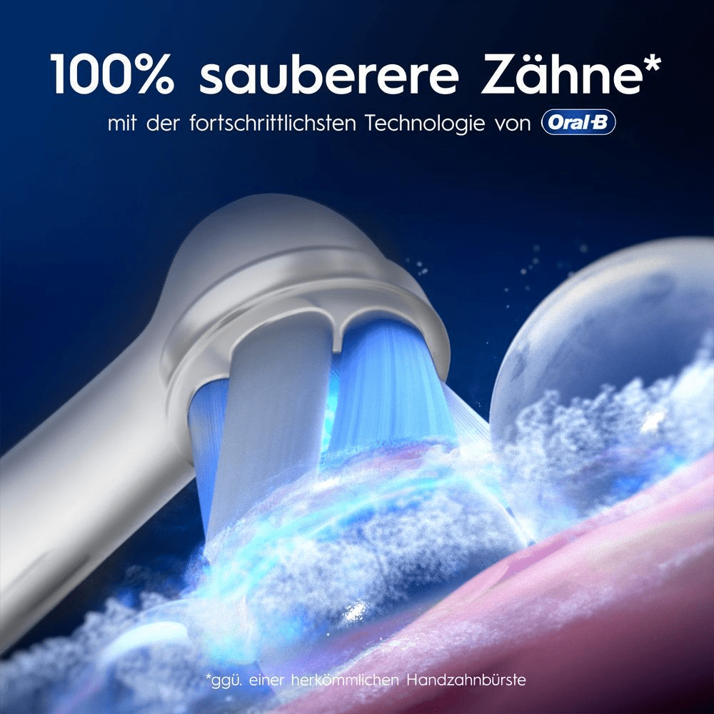 Oral-B Zahnbürste in Aktion, die mit fortschrittlicher Technologie für 100% sauberere Zähne im Vergleich zu einer herkömmlichen Handzahnbürste sorgt.