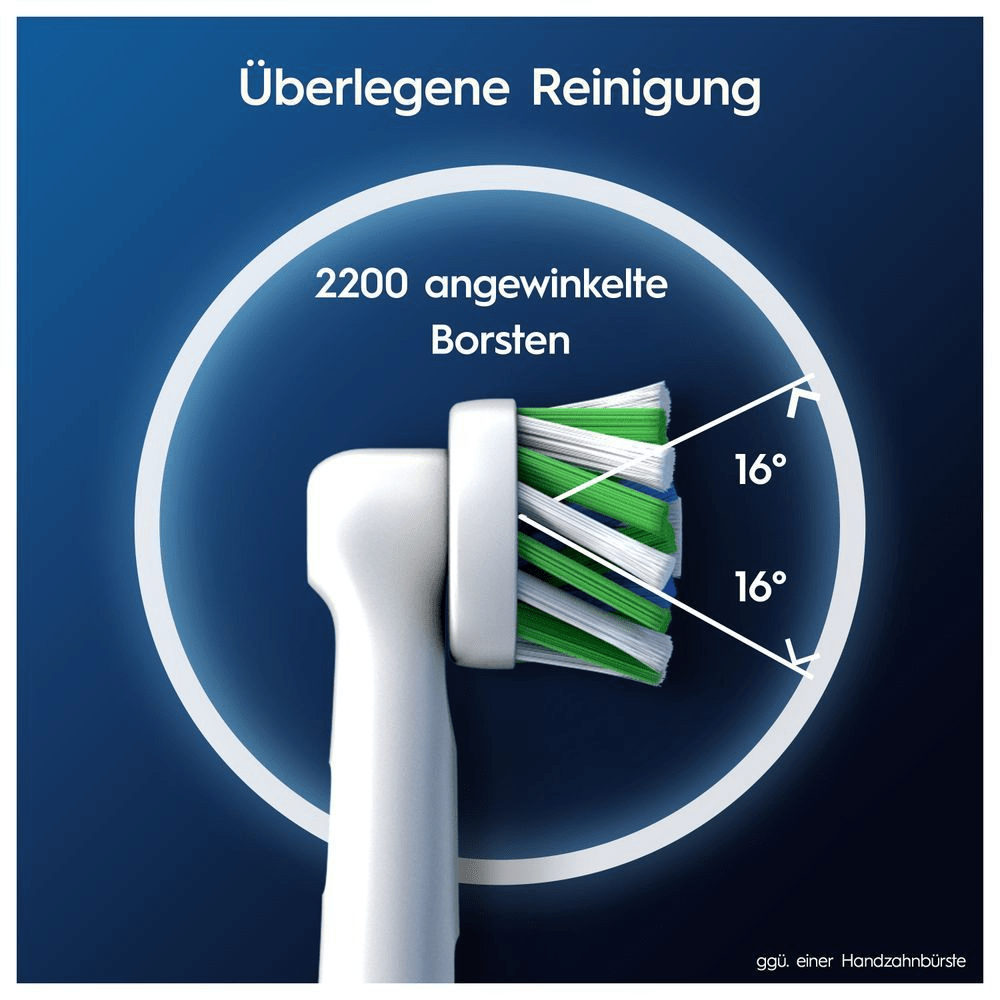 Oral-B Bürstenkopf mit 2200 angewinkelten Borsten, die in einem 16-Grad-Winkel angeordnet sind, für eine überlegene Reinigung. [IT] La testina Oral-B mostra 2200 setole angolate a 16 gradi per una pulizia superiore rispetto a uno spazzolino manuale. [ES] Cabezal del cepillo Oral-B mostrando 2200 cerdas anguladas a 16 grados para una limpieza superior.;