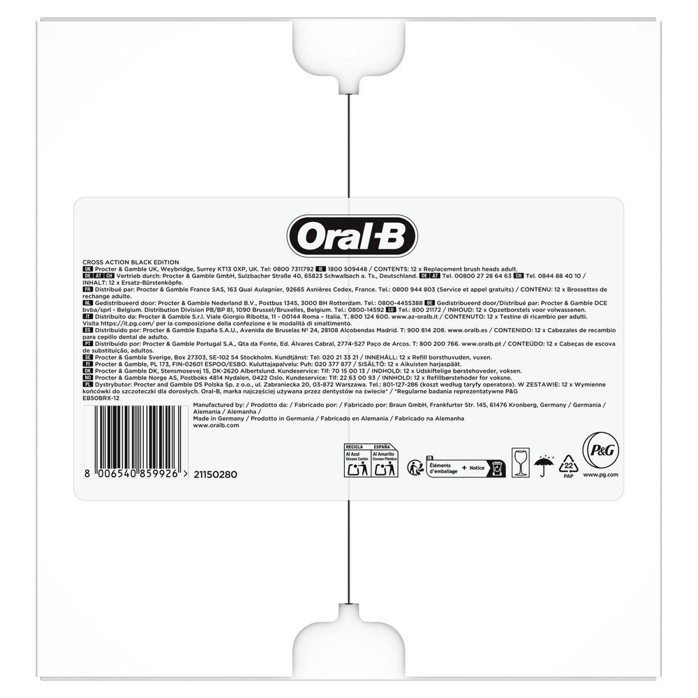 Oral-B Cross Action Black Edition Packung mit 12 Ersatz-Bürstenköpfen für Erwachsene. [EN] Oral-B Cross Action Black Edition packaging, containing 12 replacement brush heads for adults. [IT] Oral-B Cross Action Black Edition, confezione da 12 testine di ricambio per spazzolino elettrico. [ES] Oral-B Cross Action Black Edition, paquete con 12 cabezales de recambio para cepillo dental de adulto.;