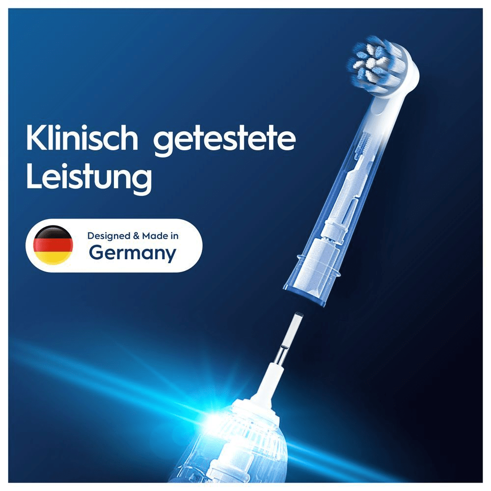 Oral-B Bürstenkopf, der die klinisch getestete Leistung und die Herstellung in Deutschland hervorhebt. [IT] Testina Oral-B in sezione che evidenzia le prestazioni clinicamente testate e il design e produzione in Germania. [ES] Cabezal de cepillo Oral-B con diseño interno visible, destacando su rendimiento clínicamente probado y fabricación en Alemania.;