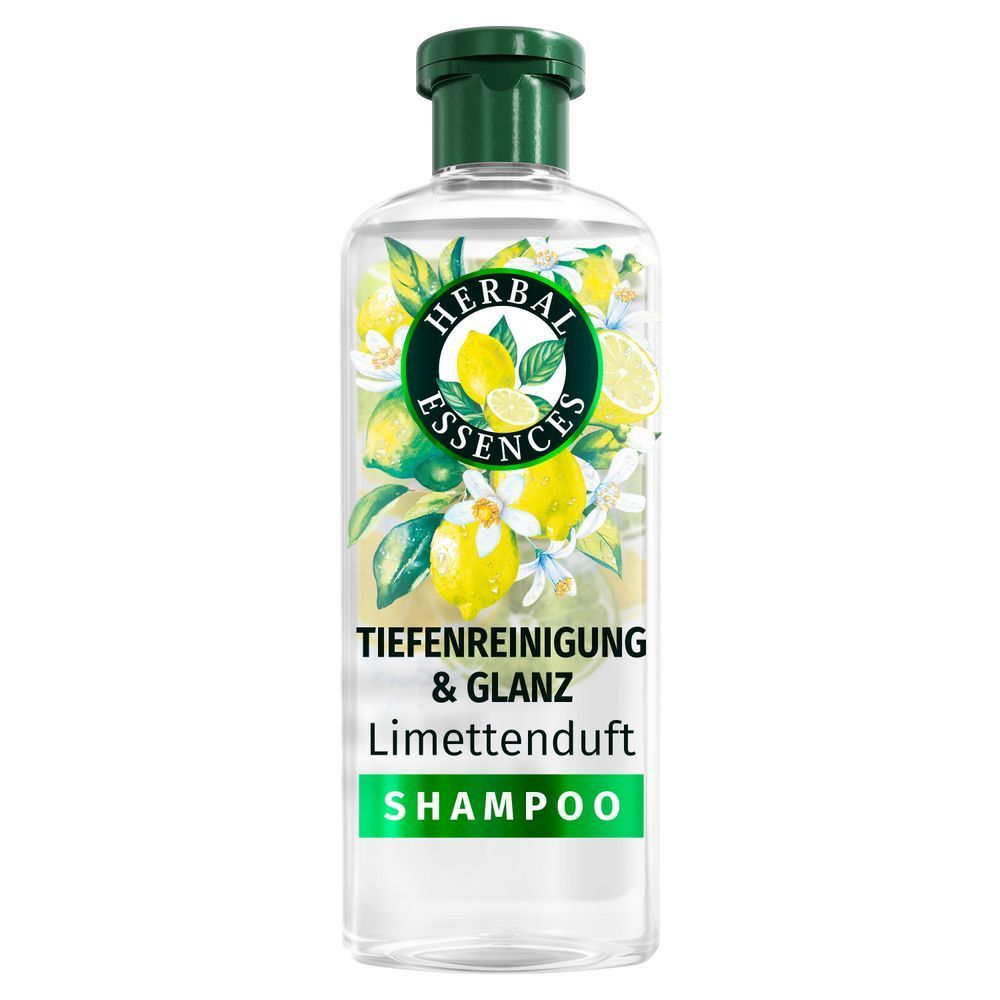 Herbal Essences Shampoo Tiefenreinigung & Glanz Limettenduft, hervorgehoben die Tiefenreinigung und der Limettenduft.