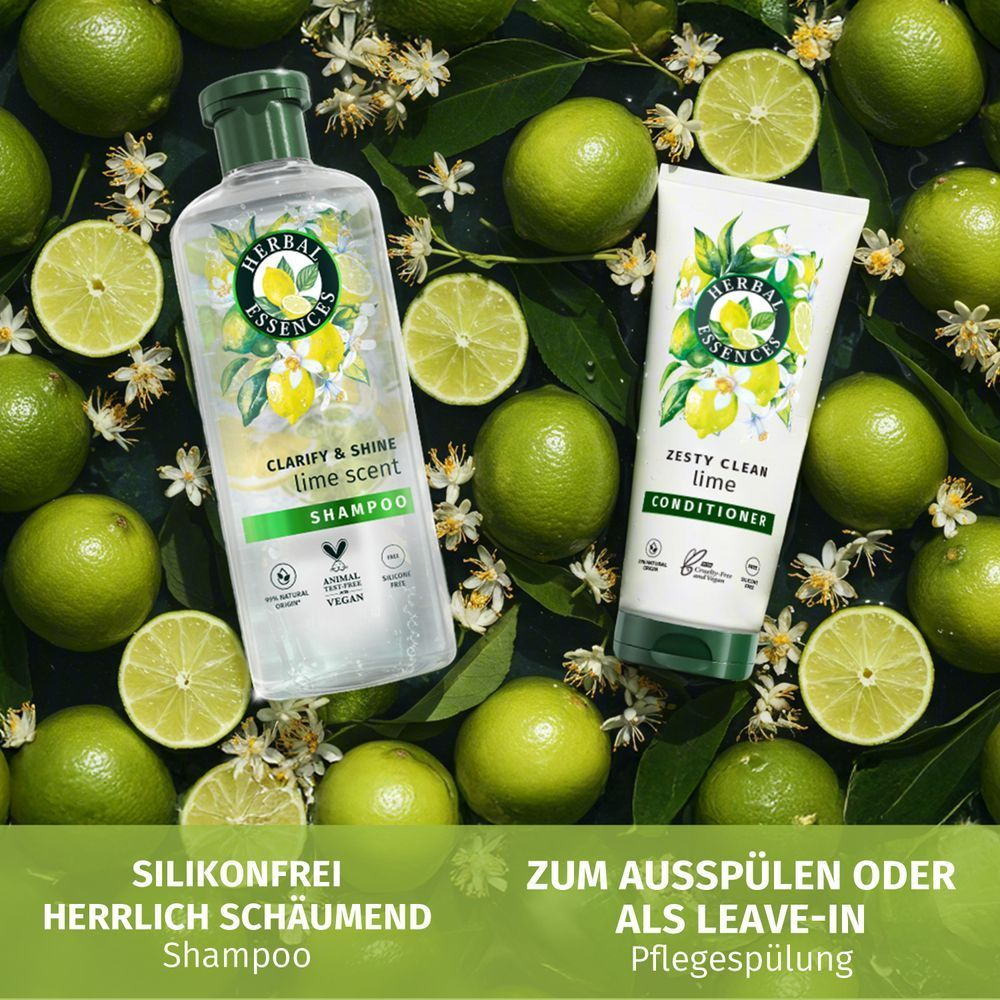 Herbal Essences Clarify & Shine Shampoo und Zesty Clean Conditioner, beide silikonfrei und vegan.