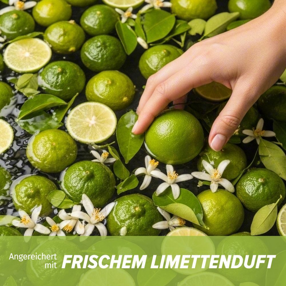 Herbal Essences mit frischem Limettenduft, visualisiert durch schwimmende Limetten, Blätter und weiße Blüten.