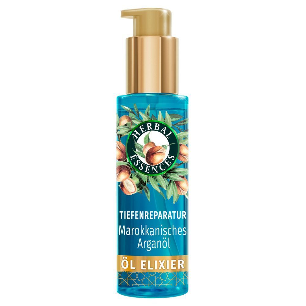 Herbal Essences Tiefenreparatur Marokkanisches Arganöl Öl Elixier, verpackt in einer blauen Flasche.