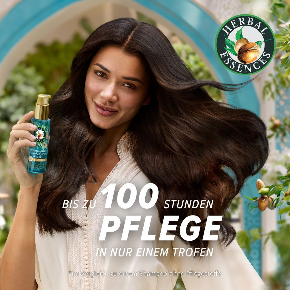 Herbal Essences Tiefenreparatur Marokkanisches Arganöl Öl Elixier, das bis zu 100 Stunden Pflege in nur einem Tropfen verspricht.