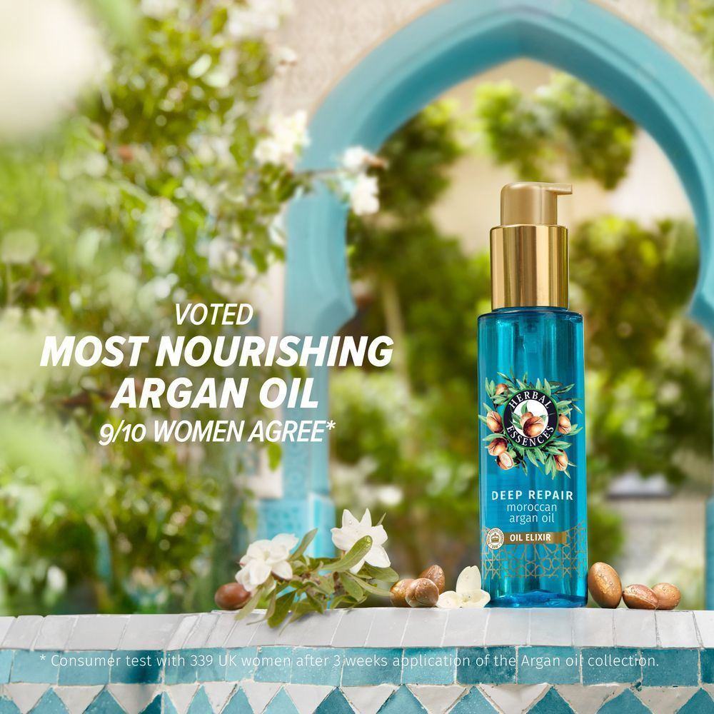 Herbal Essences Tiefenreparatur Marokkanisches Arganöl Öl Elixier, beworben als pflegendstes Arganöl, dem 9-10 Frauen zustimmen.