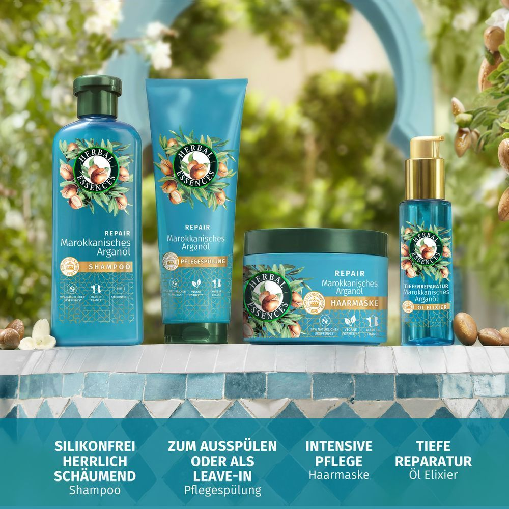 Herbal Essences Repair Marokkanisches Arganöl Produktlinie mit Shampoo, Pflegespülung, Haarmaske und Öl Elixier, die ihre jeweiligen Hauptvorteile hervorhebt.