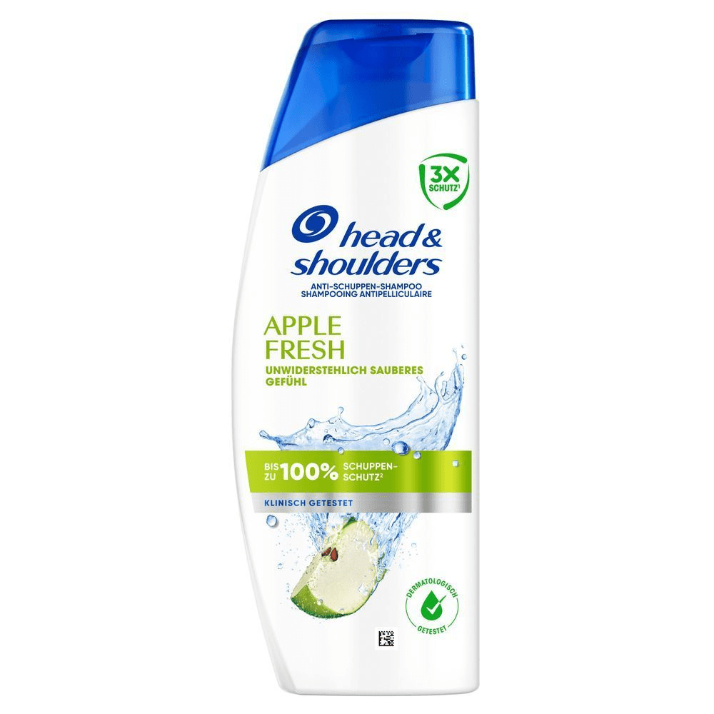 Head & Shoulders Anti-Schuppen Apple Fresh Shampoo mit der Aufschrift bis zu 100% Schuppen-Schutz, klinisch und dermatologisch getestet.
