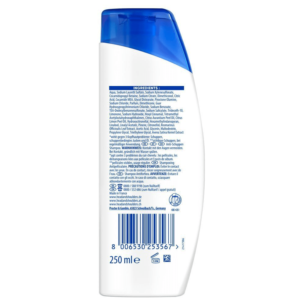Head & Shoulders Anti-Schuppen Shampoo-Flasche, Rückseite mit Inhaltsstoffen und dem Hinweis wirkt gegen 3 Kopfhautprobleme: Schuppen, schuppenbedingtes Jucken und Öl.