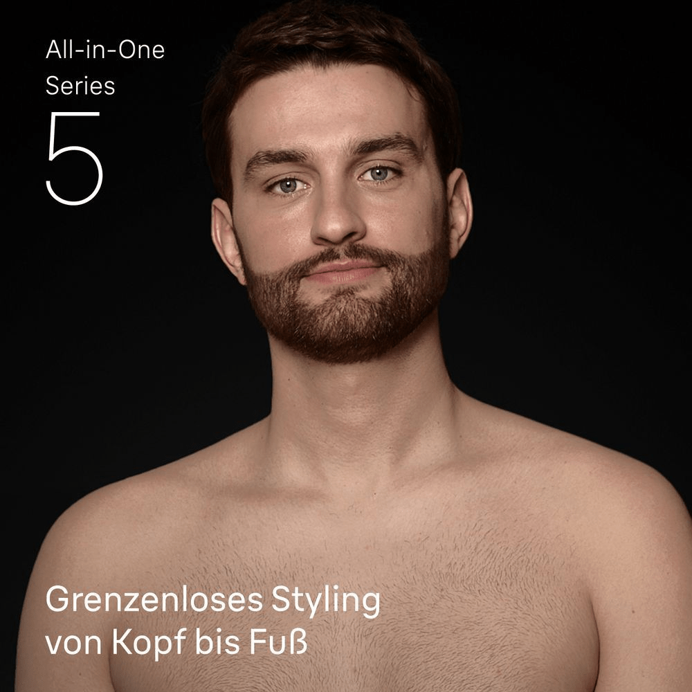 Braun Series 5: Ein Mann mit gestutztem Bart, der "grenzenloses Styling von Kopf bis Fuß" demonstriert.
