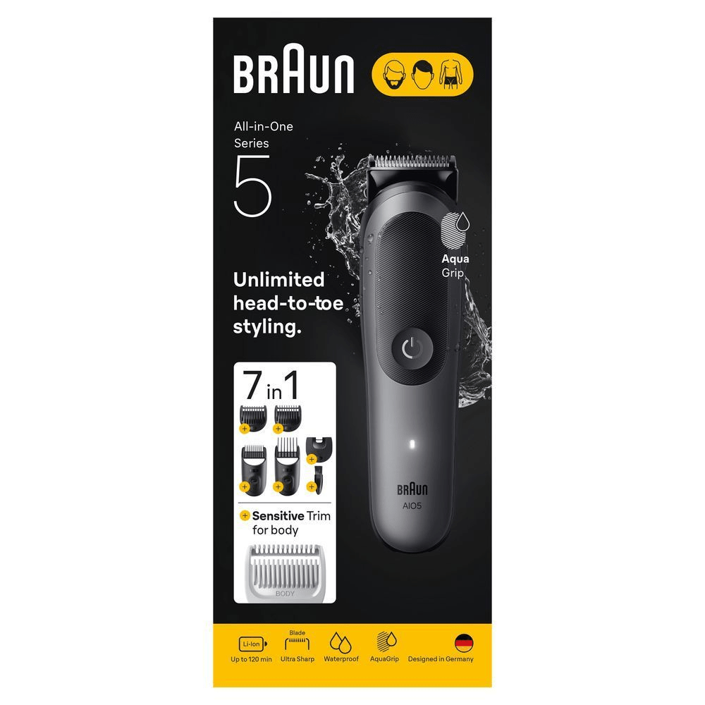 Braun All-in-One Series 5 Trimmer mit Verpackung, die "7 in 1" Aufsätze für unbegrenztes Styling von Kopf bis Fuß hervorhebt. [EN] Braun All-in-One Series 5 trimmer packaging, highlighting the "7 in 1" functionality and included attachments. [IT] Braun All-in-One Series 5, confezione che evidenzia la capacità di styling illimitato dalla testa ai piedi e 7 accessori inclusi. [ES] Braun Series 5 All-in-One, mostrando el empaque con el texto "7 en 1" y accesorios incluidos. [PT] Braun All-in-One Series 5 com embalagem destacando "7 em 1" e acessórios para diferentes estilos.;