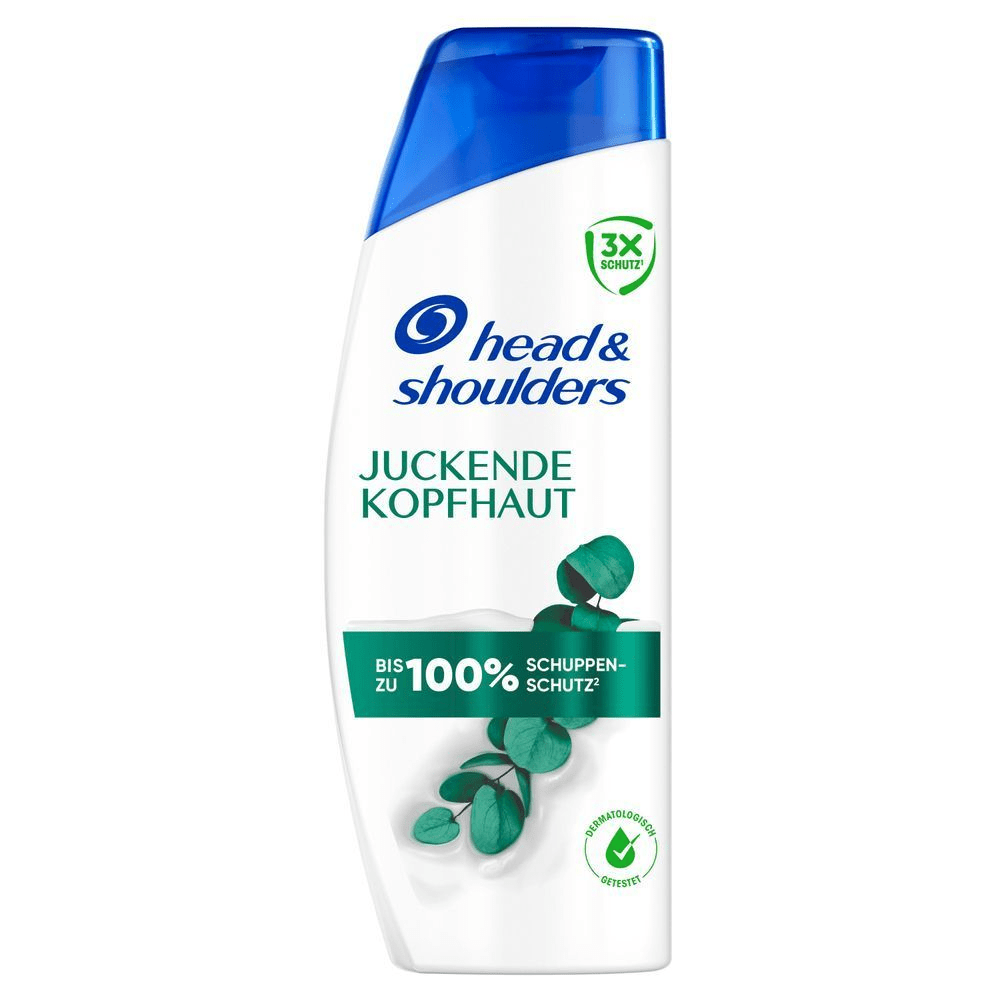 Head & Shoulders Juckende Kopfhaut Anti-Schuppen Shampoo Flasche, die bis zu 100% Schuppen-Schutz und 3X Schutz hervorhebt.